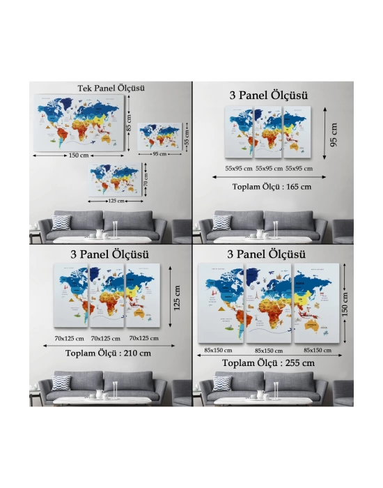 Türkçe Dünya Haritası Kanvas Tablo  Ülke Başkentli ve Ünlü Yerler Sembollü 2640