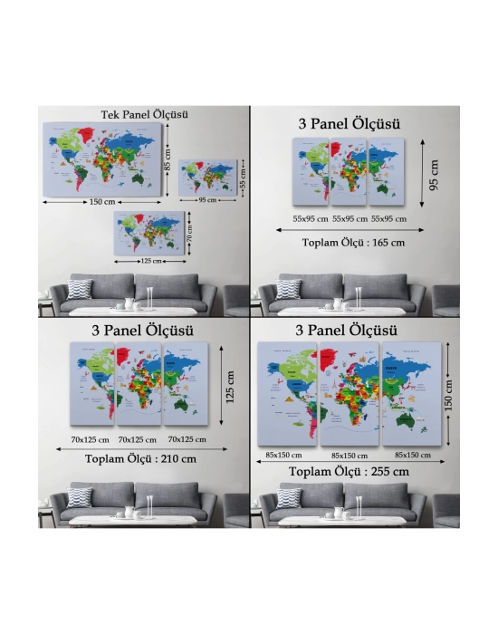 Türkçe Dünya Haritası Kanvas Tablo  Ülke Başkentli ve Ünlü Yerler Sembollü 2704