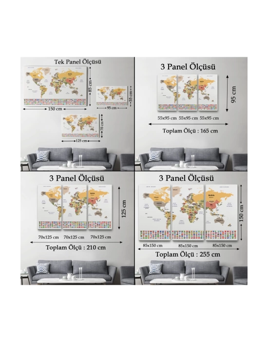 Türkçe Dünya Haritası Kanvas Tablo Ülke Bayraklı ve Dekoratif 2380