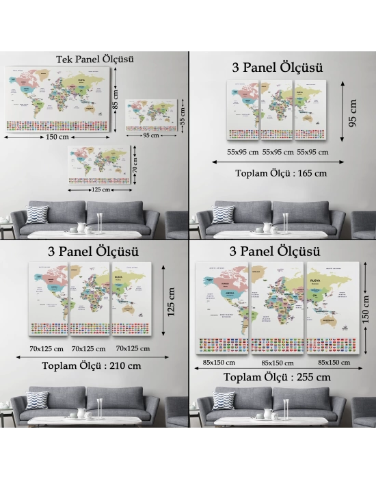 Türkçe Dünya Haritası Kanvas Tablo Ülke Bayraklı ve Dekoratif 2384