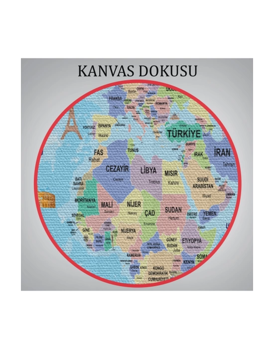 Türkçe Dünya Haritası Sembollü ve Okyanuslu Dekoratif Kanvas Tablo 2460