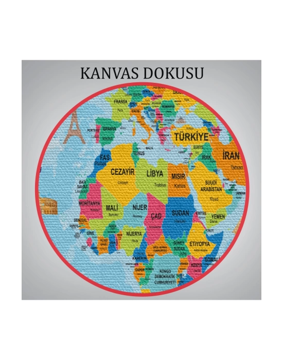 Türkçe Dünya Haritası Sembollü ve Okyanuslu Dekoratif Kanvas Tablo 2472