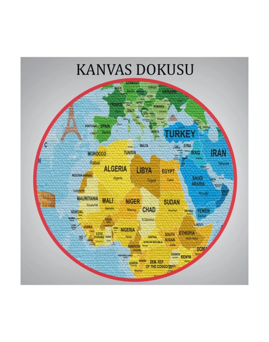 Türkçe Dünya Haritası Sembollü ve Okyanuslu Dekoratif Kanvas Tablo 2480