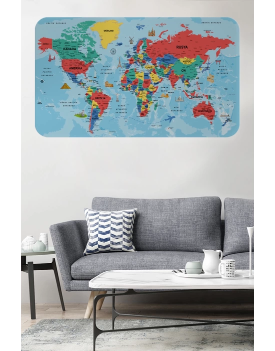 Türkçe Eğitici Ülke ve Başkent Okyanus Detaylı Atlası  Dünya Haritası Duvar Sticker -60x105-3863