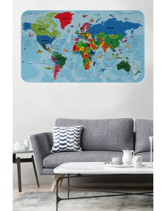 Türkçe Eğitici Ülke ve Başkent Okyanus Detaylı Atlası  Dünya Haritası Duvar Sticker -60x105-3866