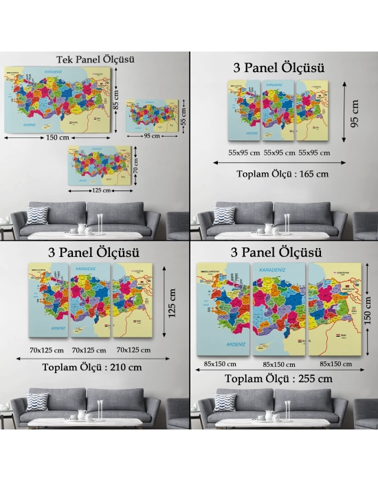 Türkiye Haritası Kanvas Tablo İl ve İlçeli Ayrıntılı Eğitici Komşulu Dekoratif Tablo 3005