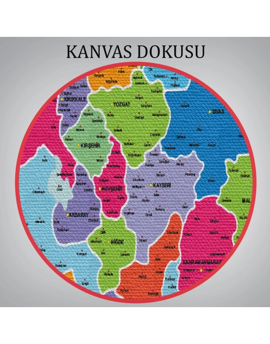 Türkiye Haritası Kanvas Tablo İl ve İlçeli Ayrıntılı Eğitici Komşulu Dekoratif Tablo 3005