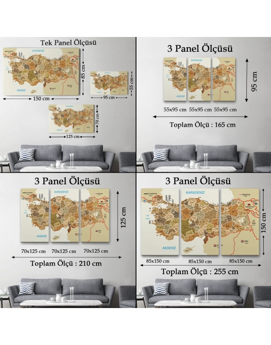 Türkiye Haritası Kanvas Tablo İl ve İlçeli Ayrıntılı Eğitici Komşulu Dekoratif Tablo 3020