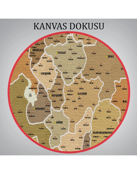 Türkiye Haritası Kanvas Tablo İl ve İlçeli Ayrıntılı Eğitici Komşulu Dekoratif Tablo 3020