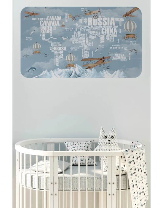 Ülke Adlı Eğitici Dünya Haritası Dünya Atlası Çocuk ve Bebek Odası Duvar Sticker -60x105-3822