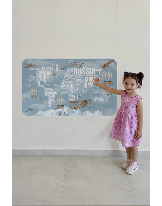 Ülke Adlı Eğitici Dünya Haritası Dünya Atlası Çocuk ve Bebek Odası Duvar Sticker -60x105-3822