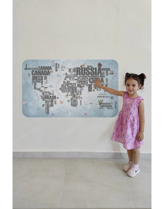 Ülke Adlı Eğitici Dünya Haritası Dünya Atlası Çocuk ve Bebek Odası Duvar Sticker -60x105-3823