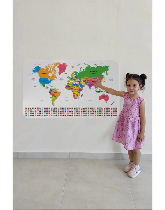 Ülke Bayrak lı Eğitici Başkent Detaylı Atlası Dünya Haritası Duvar Sticker -60x105-3833