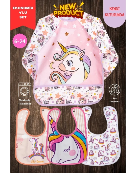 Unicorn Desen 4lü Set Eko Sıvı Geçirmez Aktivite Ve Mama Önlüğü Kendi Kutusunda 6-24 Ay