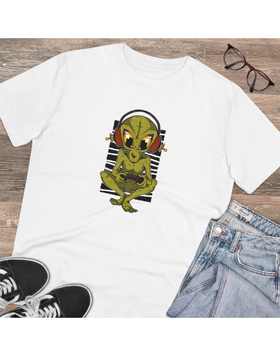 Unisex Alien Gamer Baskılı Beyaz Basic Tshirt