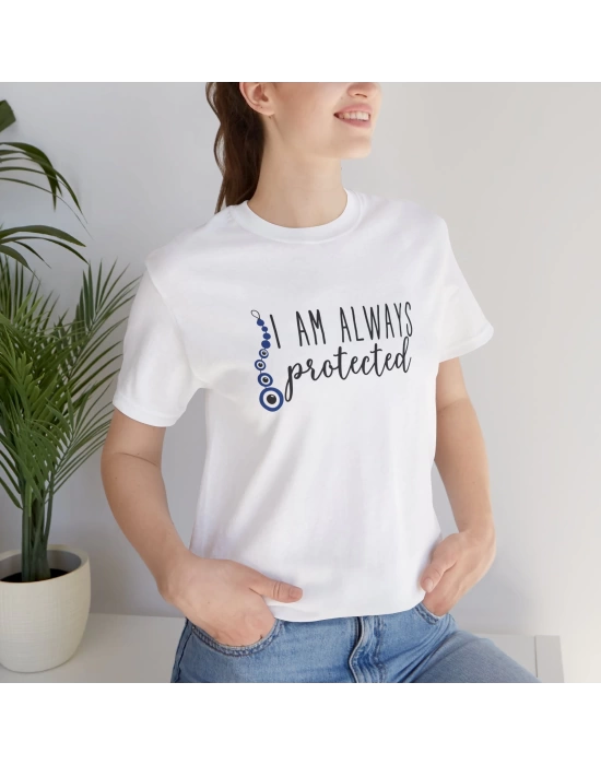 Unisex Always Protected Nazar Baskılı Beyaz Basic Tshirt