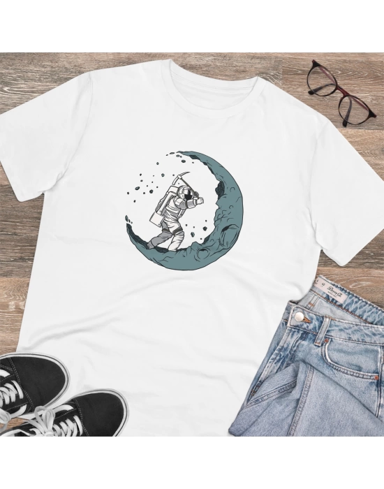 Unisex Astronaut Digging The Moon Baskılı Beyaz Basic Tshirt