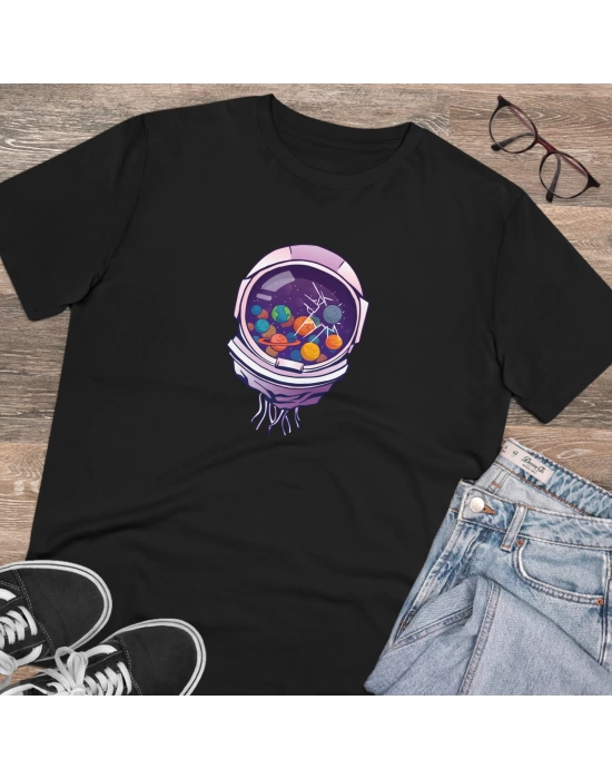 Unisex Astronaut Helmes and Planets Baskılı Siyah Basic Tshirt