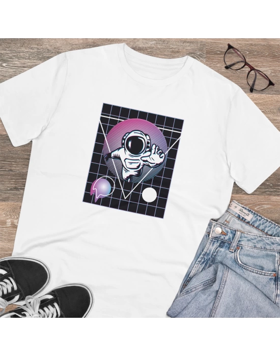 Unisex Astronaut Waporwave Baskılı Beyaz Basic Tshirt