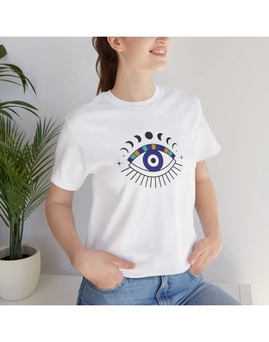 Unisex Ay Döngüleri ve Nazar Baskılı Beyaz Basic Tshirt