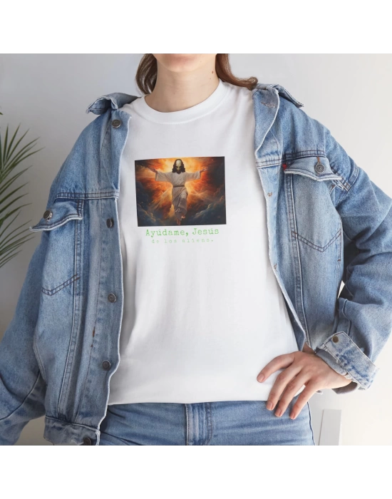 Unisex Ayudame Jesus Tasarım Baskılı Beyaz Basic Tshirt