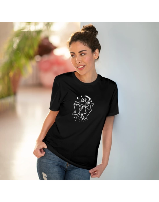 Unisex Azrail ve Kedi Baskılı Gotik Siyah Basic Tshirt