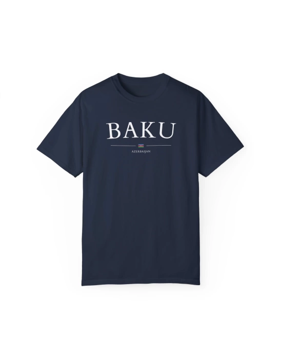 Unisex Bakü Azerbeycan Şehir Baskılı Lacivert Basic Tshirt