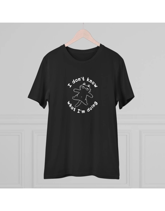 Unisex Bilmeyen Kedi Baskılı Siyah Basic Tshirt