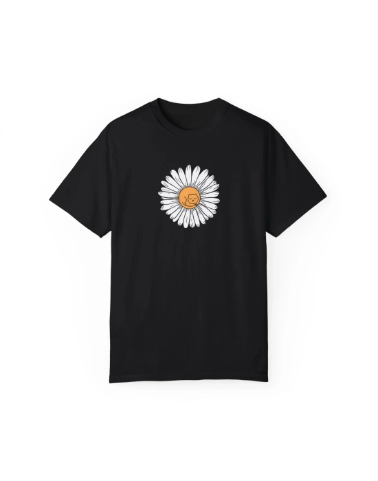 Unisex Cat Daisy Flower Baskılı Siyah Basic Tshirt