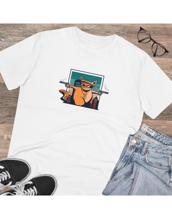 Unisex Cat Gun Baskılı Beyaz Basic Tshirt