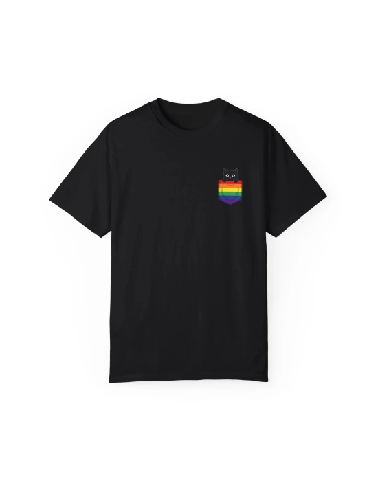 Unisex Cat In The Rainbow Pocket Baskılı Siyah Basic Tshirt