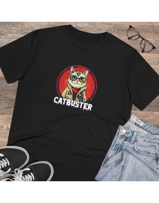 Unisex Catbuster Baskılı Siyah Basic Tshirt