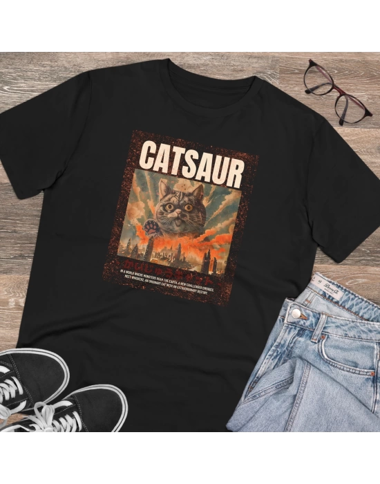 Unisex Catsaur Baskılı Siyah Basic Tshirt