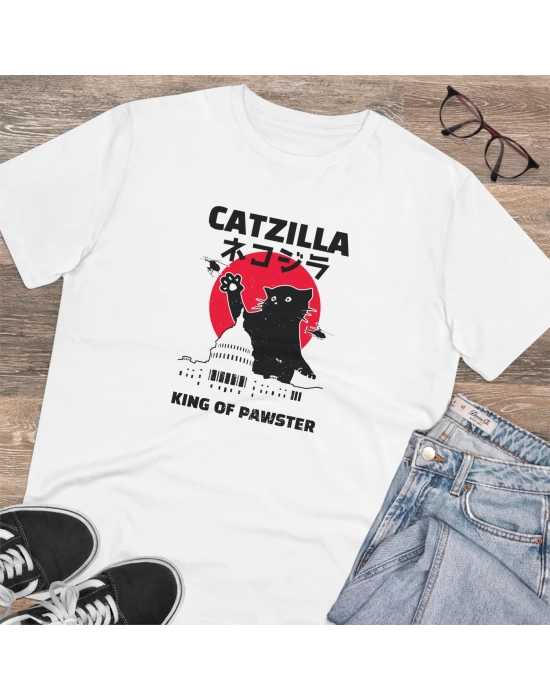 Unisex Catzilla Baskılı Beyaz Basic Tshirt