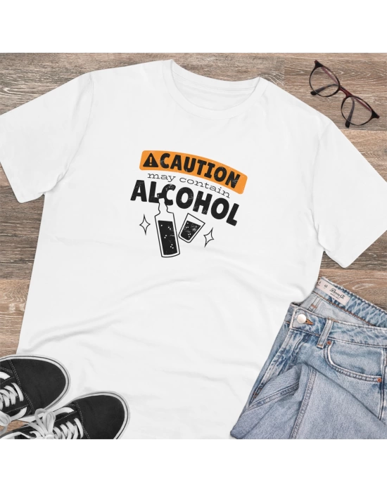 Unisex Caution Baskılı Beyaz Basic Tshirt