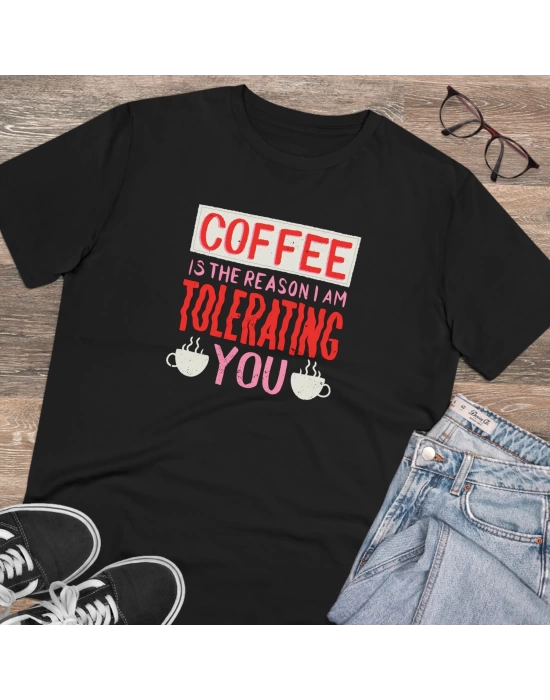 Unisex Coffee Toleration Baskılı Siyah Basic Tshirt