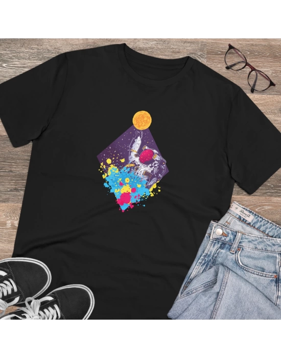 Unisex Cosmic Astronaut Colorful Baskılı Siyah Basic Tshirt