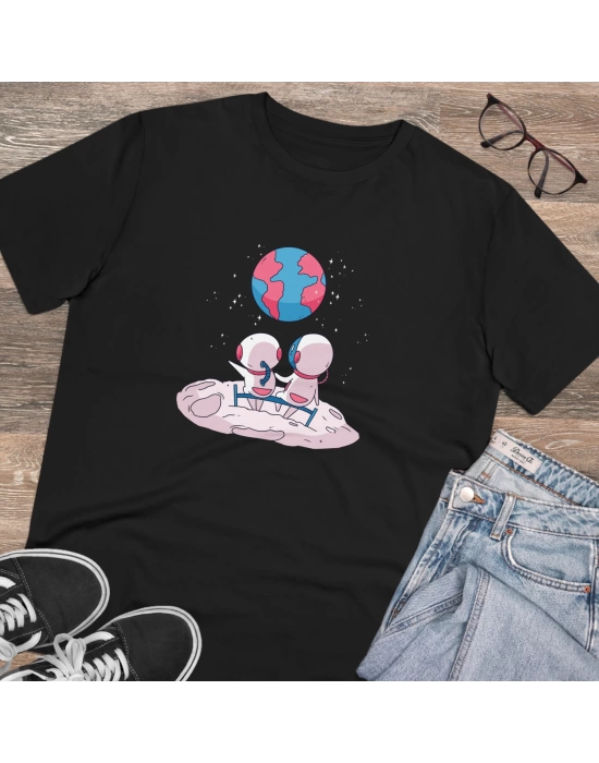 Unisex Cute Astronauts Baskılı Siyah Basic Tshirt