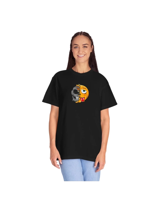 Unisex Dil Çıkartan Mutsuz Zombi Emoji Baskılı Siyah Basic Tshirt