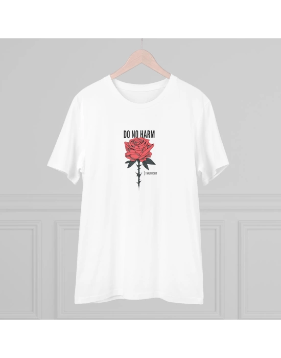 Unisex Do No Harm Rose Baskılı Beyaz Basic Tshirt