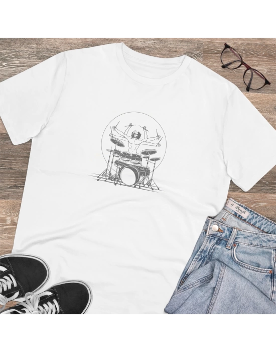 Unisex Drums Design Baskılı Beyaz Basic Tshirt