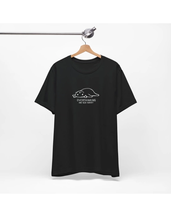 Unisex Düşünceli Kedi Baskılı Siyah Basic Tshirt