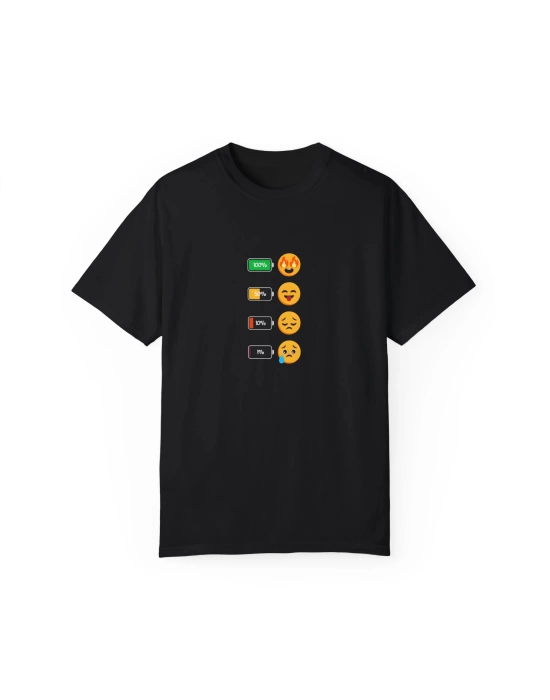 Unisex Emoji Enerji Baskılı Siyah Basic Tshirt