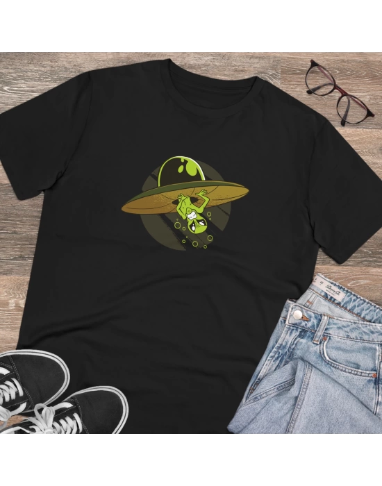 Unisex Funny Alien Baskılı Siyah Basic Tshirt