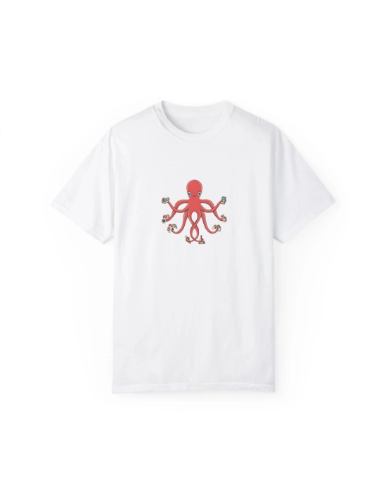 Unisex Gamer Octopus Baskılı Beyaz Basic Tshirt