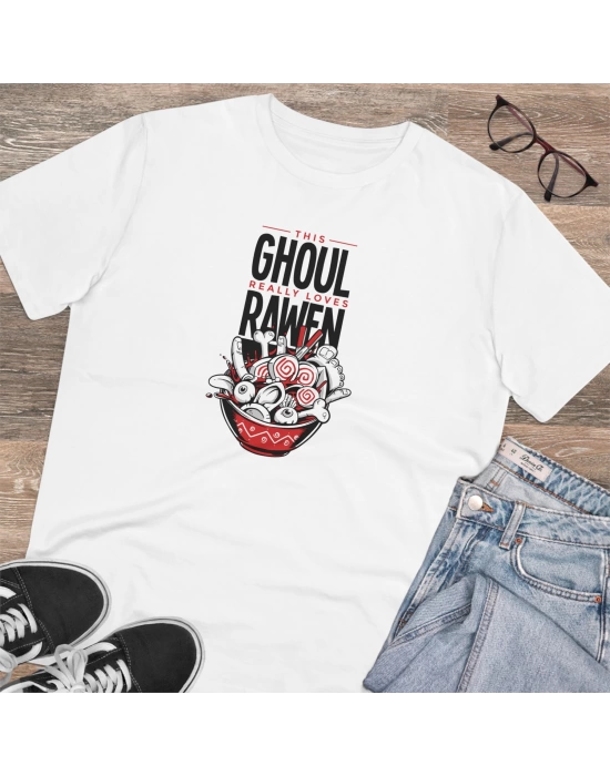 Unisex Ghoul Rawen Baskılı Beyaz Basic Tshirt