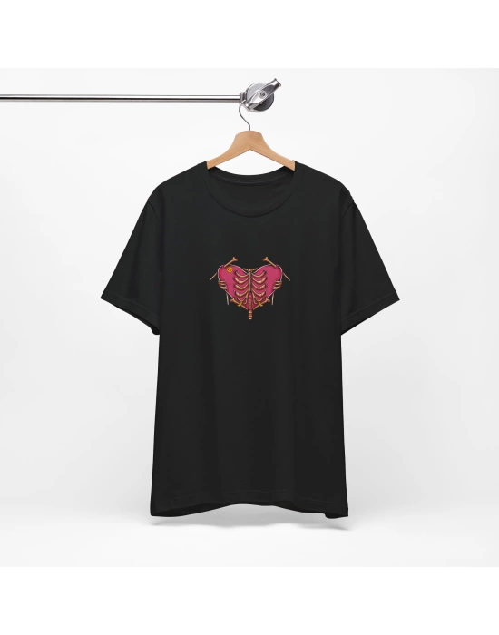 Unisex Gotik Kalp Baskılı Siyah Basic Tshirt