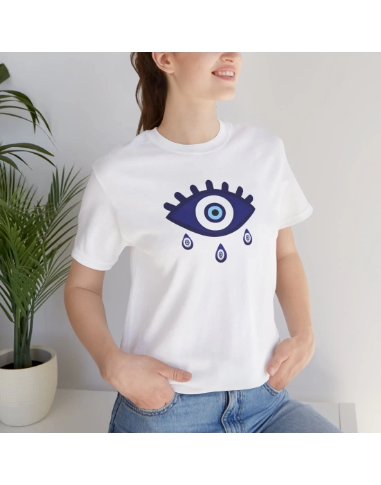 Unisex Gözyaşı ve Nazar Baskılı Beyaz Basic Tshirt