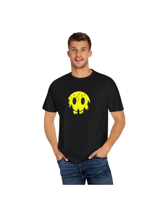 Unisex Gülen Yüz Emoji Baskılı Siyah Basic Tshirt