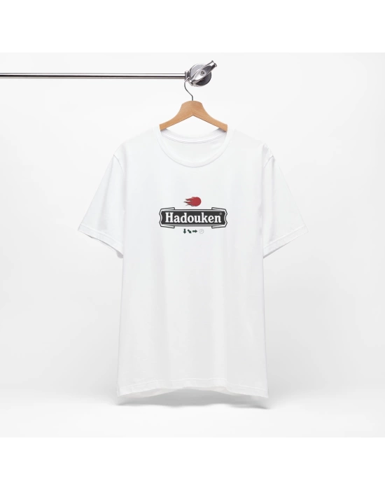 Unisex Hadouken Yazı Baskılı Beyaz Basic Tshirt